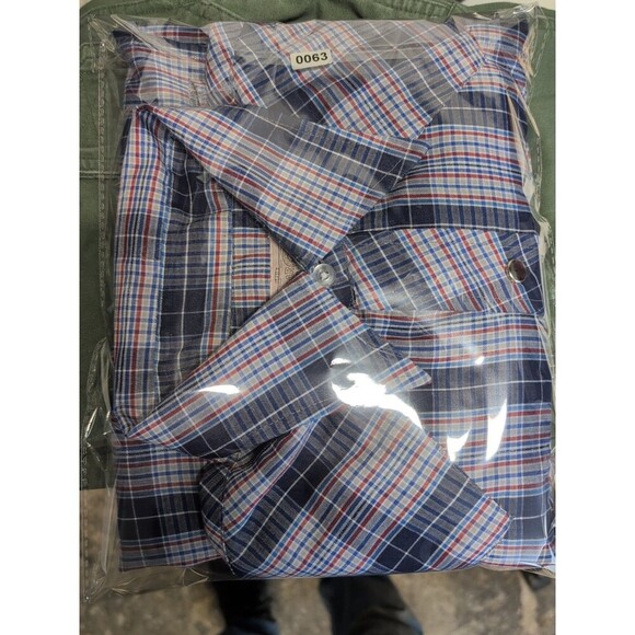 VTG H Bar C 14.5-33 Ranchwear Long Tail Pearl Snap Blue Plaid Shirt Western 70s - Picture 14 of 14